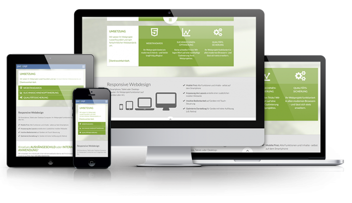 Bildmontage mehrerer Geräte, auf denen eine responsive Webseite dargestellt wird.